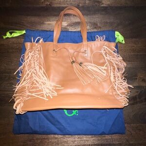 C Wonder Fringed Tan/ Caramel Leather Tote Bag